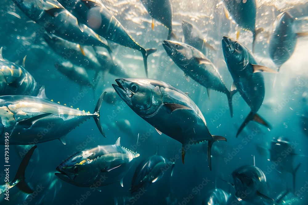 Fototapeta premium Schools of tuna swimming in harmony in the deep sea