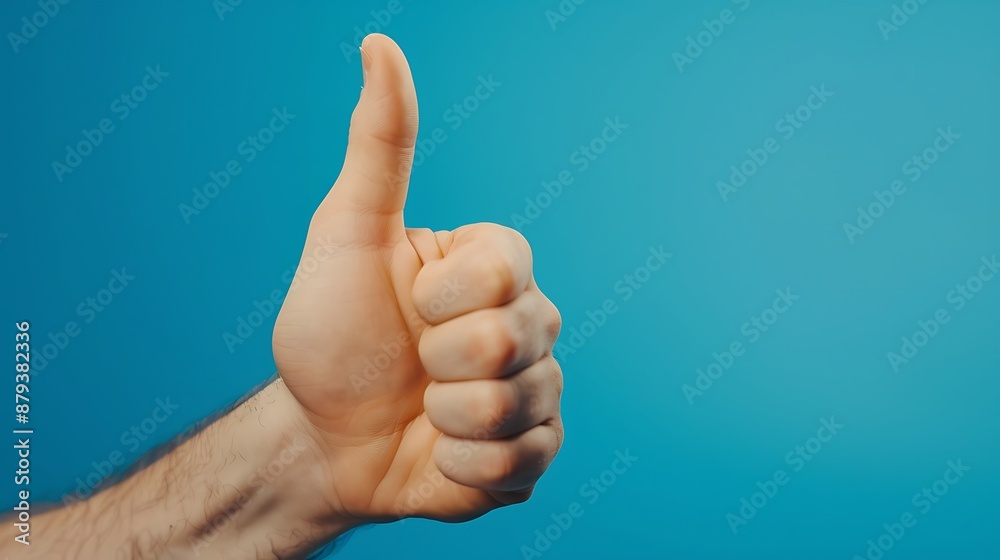 Hand showing thumbs up sign isolated on a blue background Hand showing thumbs up sign isolated on a blue background