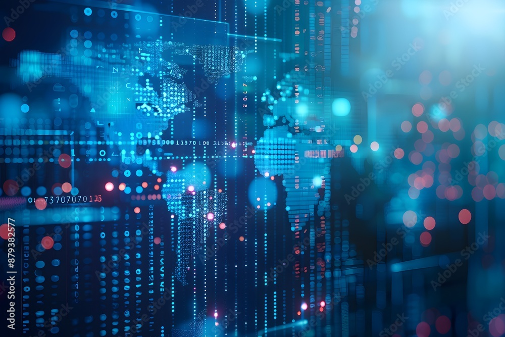 Obraz premium Background image with world map graphically drawn in blue, digital technology image glowing with digital light