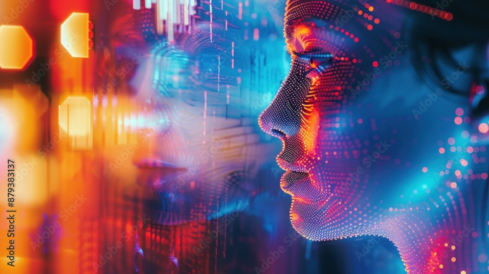 Abstract portrait of a young digital AI human against a colorful background, illuminated by bright light. Abstract portrait of a young digital AI human against a colorful background, illuminated by bright light.