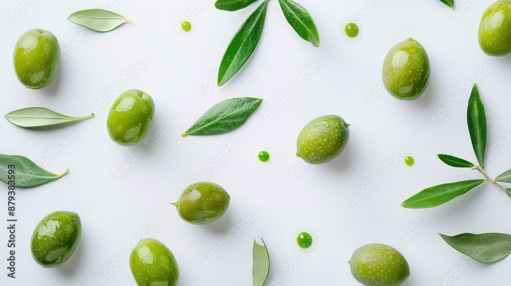 Fresh green olives and leaves on a white background. Ideal for gourmet food photography and styling. Fresh green olives and leaves on a white background. Ideal for gourmet food photography and styling.