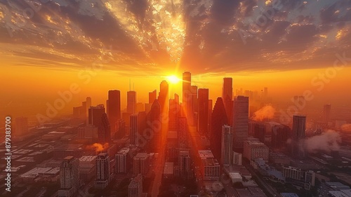 A visually stunning urban skyline at sunset, highlighting sleek skyscrapers against a fiery orange sky.