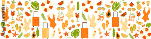 Summer colorful background with icons of fruits, swimsuits, sunglasses, spf. Beach theme banner. Vector illustration