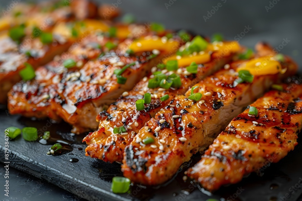 Easy-to-eat barbecued meat with vegetable toppings on a stone plate Easy-to-eat barbecued meat with vegetable toppings on a stone plate