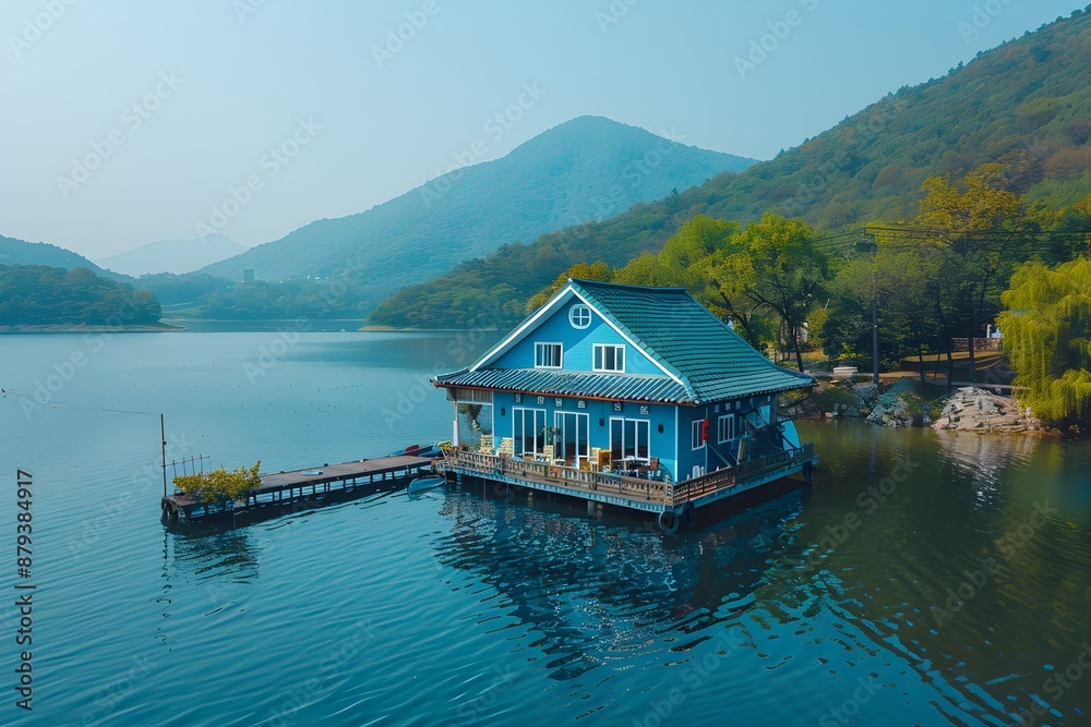 Naklejka premium This is a neatly built water pension with a walking path connected to the land on the shore of a large lake.