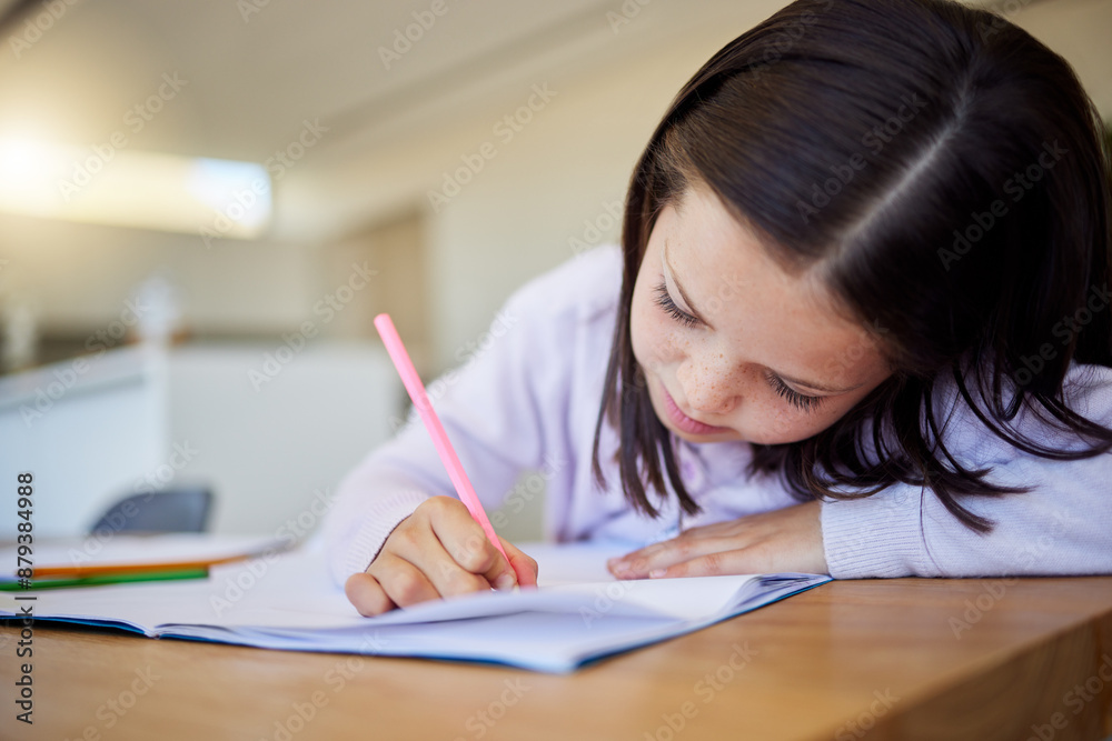 Child, writing and notebook for education at house with creative learning, drawing or motor skills development. Girl, paper and stationery for art sketch, assessment and homework activity in lounge Child, writing and notebook for education at house with creative learning, drawing or motor skills development. Girl, paper and stationery for art sketch, assessment and homework activity in lounge