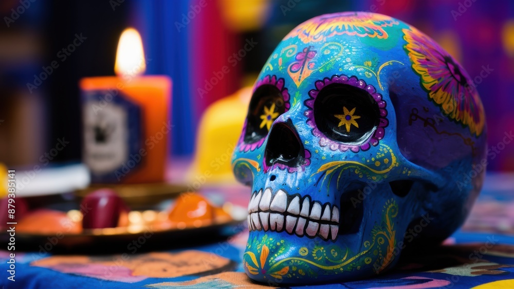 A colorful skull sitting on a table next to candles, AI A colorful skull sitting on a table next to candles, AI