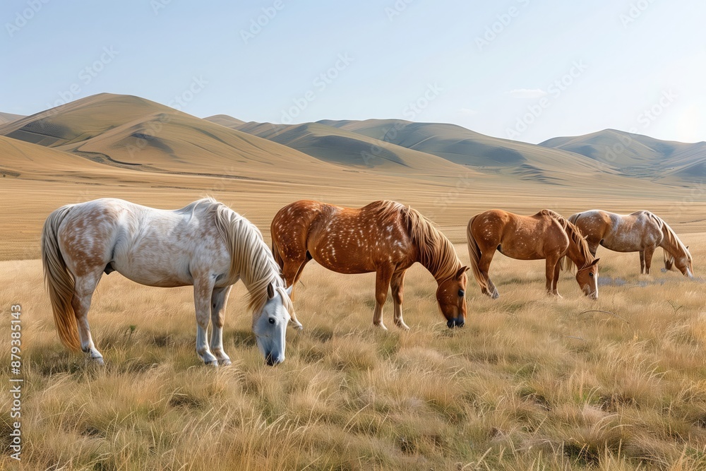 Obraz premium Przewalski's Horse in the Steppe- A herd of Przewalski's horses grazes peacefully on the vast steppes of Mongolia