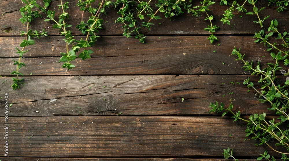 Thyme sprigs on wooden background from above with space Thyme sprigs on wooden background from above with space