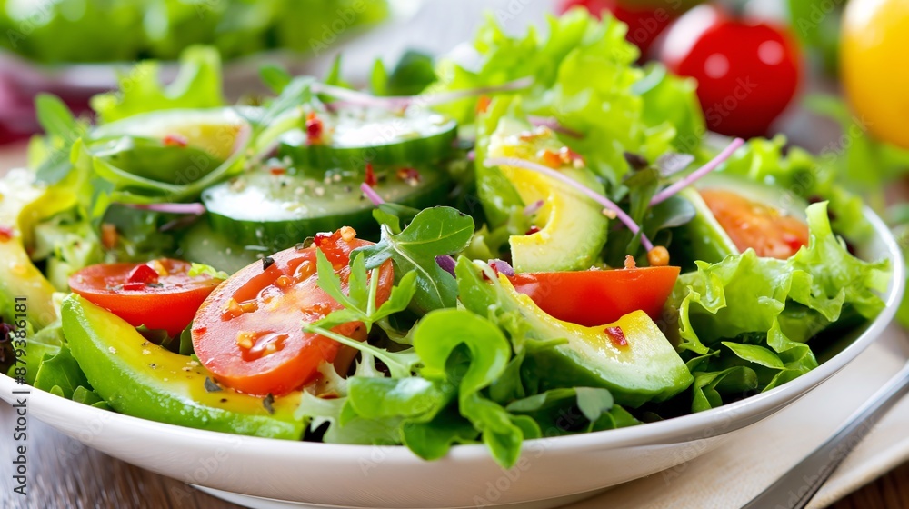 A healthy salad with fresh greens, avocado, and a light dressing. A healthy salad with fresh greens, avocado, and a light dressing.