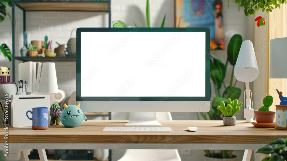 Mockup is a modern computer monitor. On a stylish wooden table there is a computer monitor, a green plant, a monster figurine, a lamp, a cup, a keyboard and a mouse. 