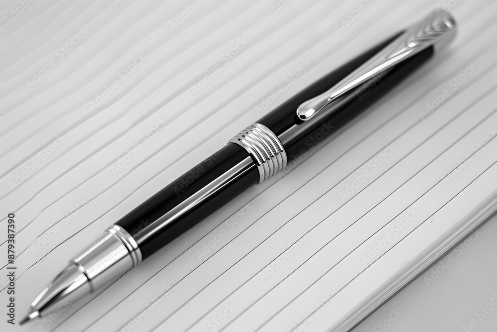 Elegant Black and Silver Pen on Lined Notebook Elegant Black and Silver Pen on Lined Notebook