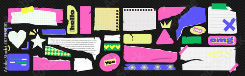 Set of Torn colored Paper and notebooks cut for Collage. Vector Ripped Stickers of various shapes and sizes. Modern Plastic labels, Scrapbook edges with pattern on an isolated background. 