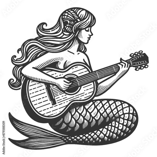 mermaid with flowing hair playing a guitar, in a whimsical black and white drawing. Lady sketch engraving generative ai fictional character vector illustration. Scratch board imitation.