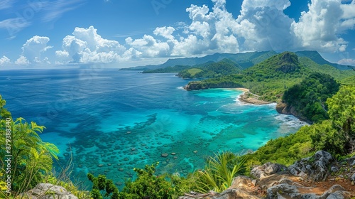 Fototapeta Naklejka Na Ścianę i Meble -  A panoramic view of a tropical island, turquoise waters and lush vegetation