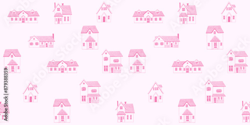 Seamless pattern with cute pink houses