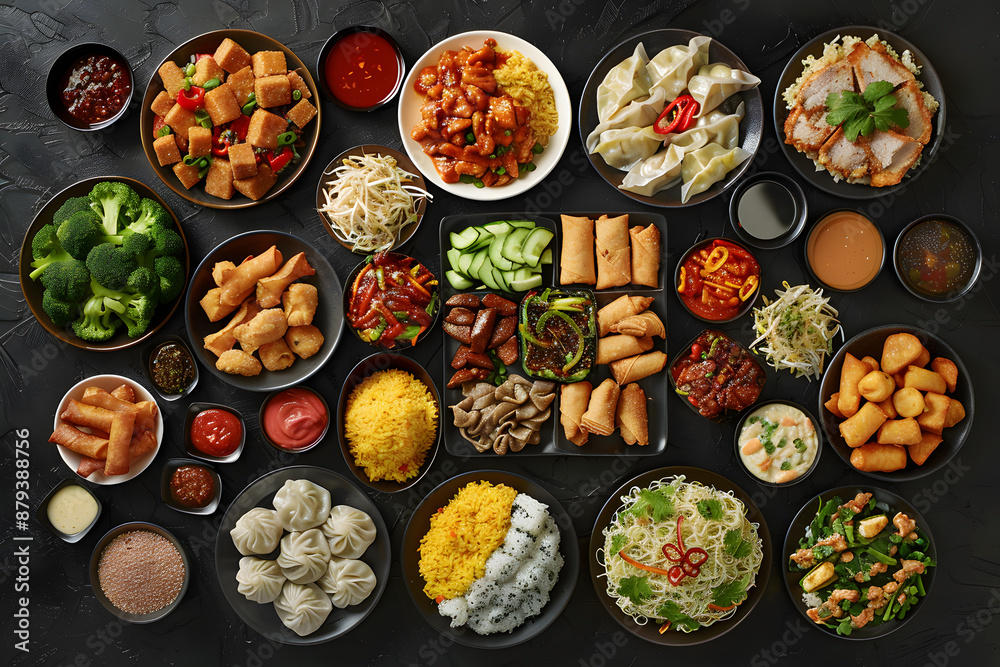 A table full of Asian food including dumplings, noodles, and rice A table full of Asian food including dumplings, noodles, and rice