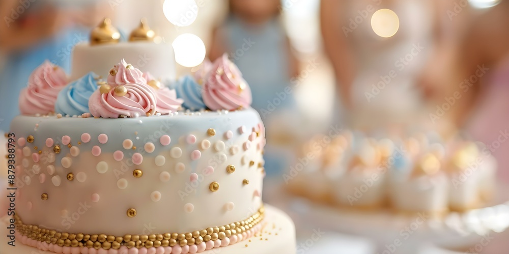 Gender reveal party cake topper in gold with blue and pink tones. Concept Gender Reveal Party, Gold Cake Topper, Blue and Pink Tones, Celebratory Decor, Baby Announcement Gender reveal party cake topper in gold with blue and pink tones. Concept Gender Reveal Party, Gold Cake Topper, Blue and Pink Tones, Celebratory Decor, Baby Announcement