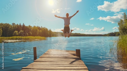 person jumping on the lake