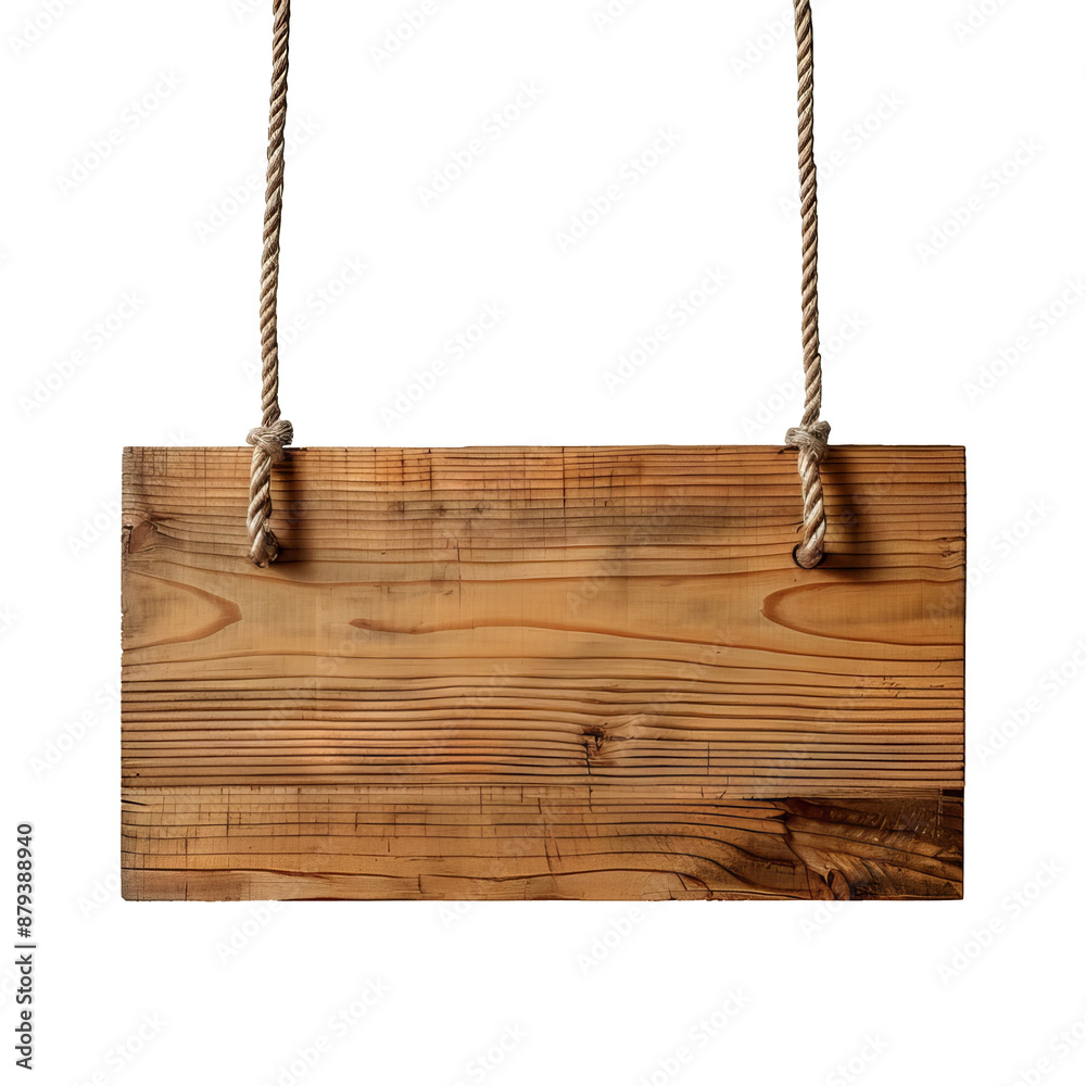 A wooden signboard hanging with ropes on transparent background A wooden signboard hanging with ropes on transparent background