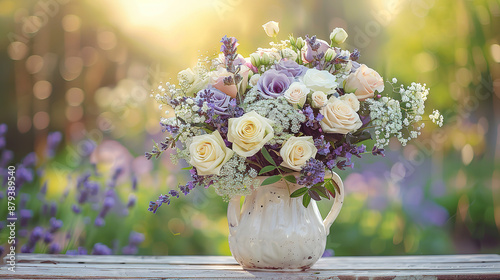 An elegant bouquet of lavender and white roses, interspersed with sprigs of baby's breath, arranged in a vintage pitcher. The bouquet is set on a rustic wooden table with a soft background