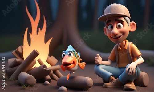 3D illustration of a claymation character holding fish near campfire. photo