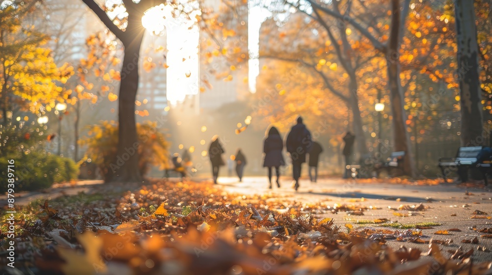 A peaceful autumn scene in a city park, leaves falling, people strolling and enjoying the crisp air A peaceful autumn scene in a city park, leaves falling, people strolling and enjoying the crisp air