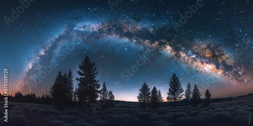 Starry night sky over silhouetted evergreen treeline. Photographed with Sony A7S III, 14mm f/1.8 lens, long exposure. Milky Way arching overhead.   photo