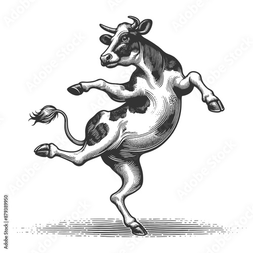 Dancing Cow showcasing a cheerful and whimsical character sketch engraving generative ai fictional character vector illustration. Scratch board imitation. Black and white image.