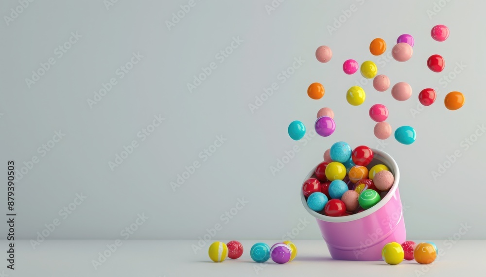 Obraz premium Colorful candy balls spilling from a pink cup on a minimalist light background. Vivid and playful concept depicting sweet treats and fun.