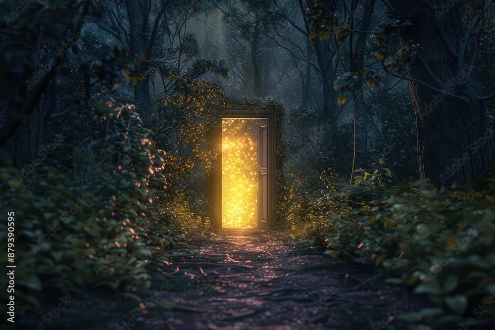 Light, Door In Forest. Surreal Glowing Path Leading to a Bright Open Door Light, Door In Forest. Surreal Glowing Path Leading to a Bright Open Door