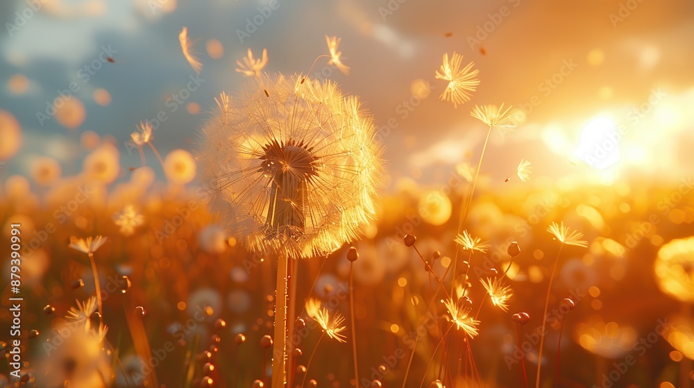 Obraz premium A golden field of dandelions illuminated by the sunlight at dusk, with seeds floating gently in the breeze, creating an atmosphere of enchantment and peace.
