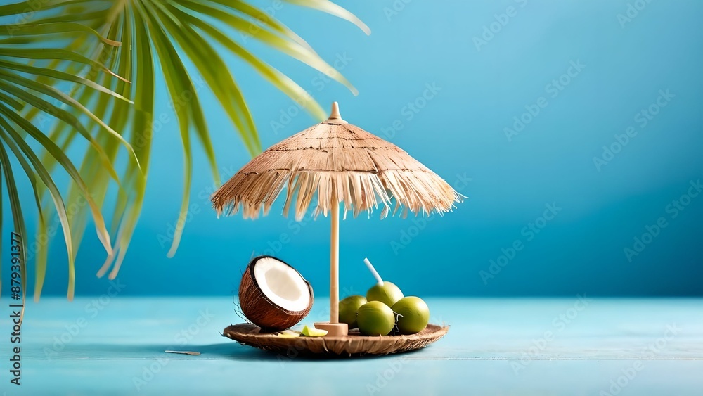 Obraz premium Photo of miniature tropical coconut bar with umbrella on blue background, web banner showing Thailand summer vacation concept