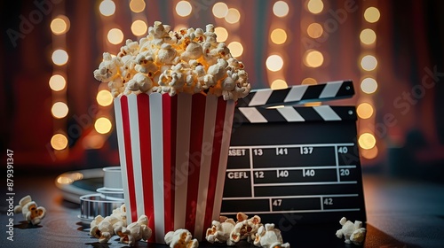A striped popcorn bucket along with a movie clapper, both surrounded by a warm bokeh-lit background symbolizing the excitement and enjoyment of watching movies in a cozy ambiance. photo