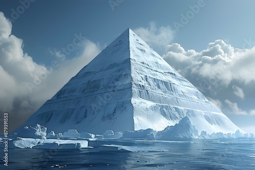A pyramid towering above the Antarctic ice floor covered in white snow