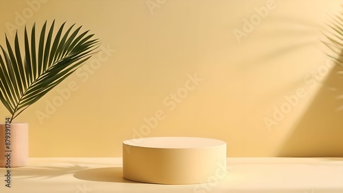 Empty stage cylinder podium on soft pastel yellow background with soft light on minimal background, palm leaf shadow, sunlight shadow, pedestal for cosmetic product and packaging © mischenko