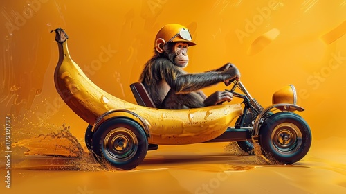 A playful chimpanzee driving a go-kart shaped like a banana, speeding through a vibrant orange background with water splashing, creating an entertaining and dynamic scene. photo