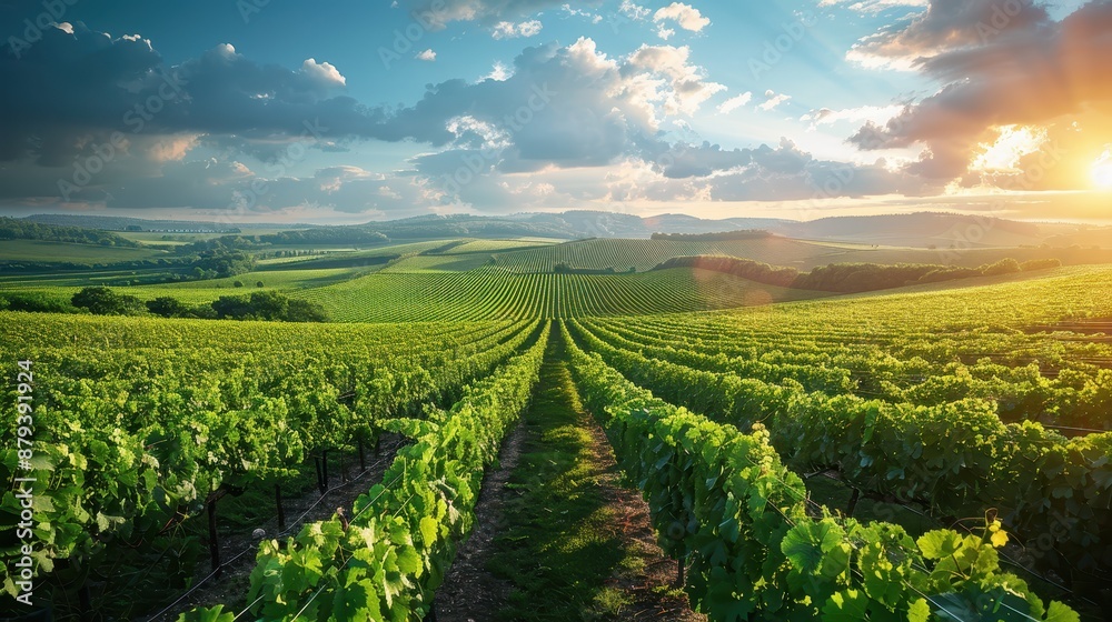 A vast vineyard stretching across rolling hills under a bright blue sky with the sun casting a warm glow, showcasing a picturesque and productive agricultural setting. A vast vineyard stretching across rolling hills under a bright blue sky with the sun casting a warm glow, showcasing a picturesque and productive agricultural setting.