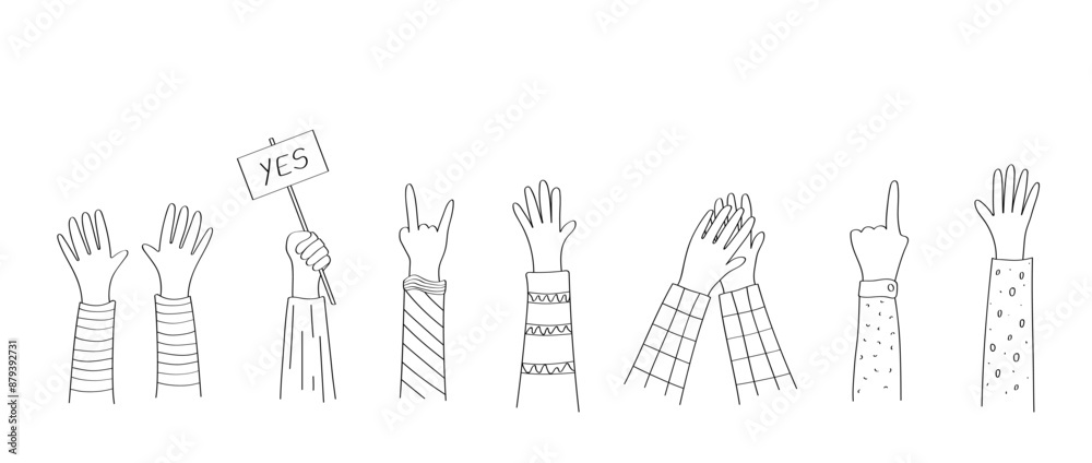 A set of cartoon doodle hand icons. Vector illustration of hand gestures, applause, thumbs up, palm greeting. A set of cartoon doodle hand icons. Vector illustration of hand gestures, applause, thumbs up, palm greeting.
