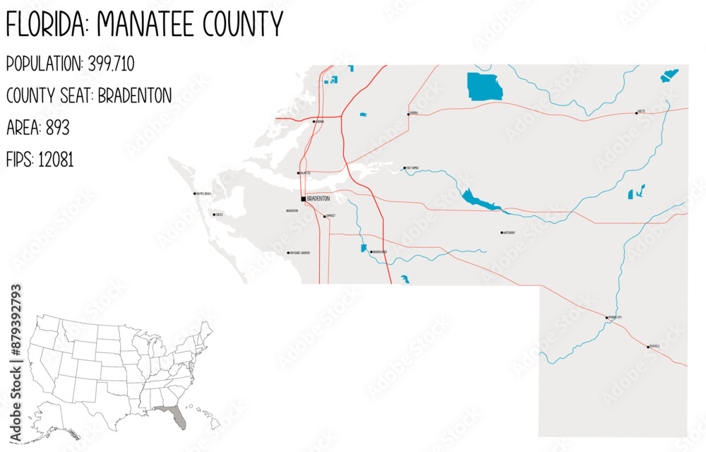 Naklejka premium Large and detailed map of Manatee County in Florida, USA.