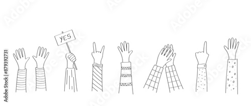 A set of cartoon doodle hand icons. Vector illustration of hand gestures, applause, thumbs up, palm greeting.