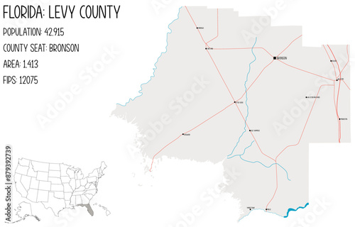 Large and detailed map of Levy County in Florida, USA.