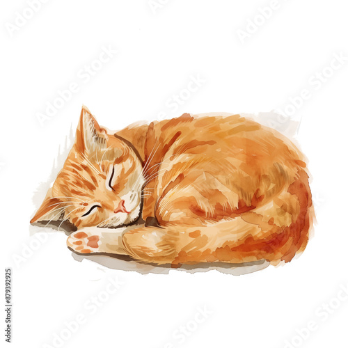 orange cat sleep curled up watercolor digital painting good quality