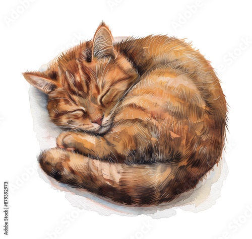 orange cat sleep curled up watercolor digital painting good quality