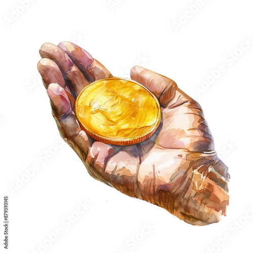 hand holding golden coin watercolor digital painting good quality