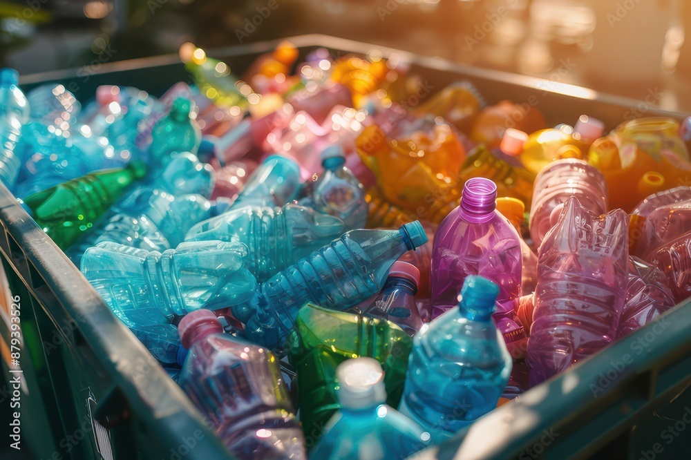 Recycling bin filled with colorful plastic bottles Recycling bin filled with colorful plastic bottles