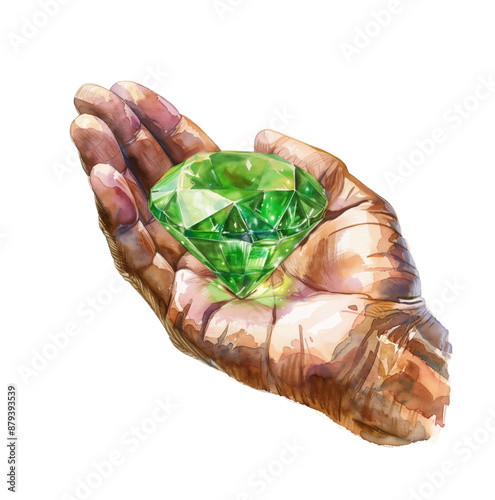hand holding green diamond watercolor digital painting good quality