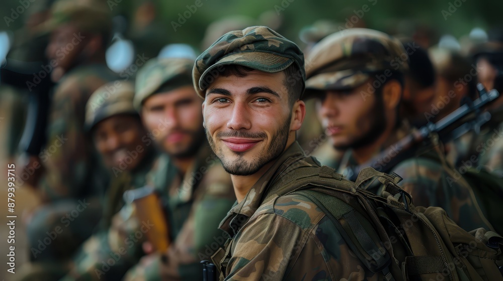 A smiling soldier in a camouflage uniform, with his fellow soldiers in the background, emphasizes unity, discipline, and the community within the armed forces. A smiling soldier in a camouflage uniform, with his fellow soldiers in the background, emphasizes unity, discipline, and the community within the armed forces.