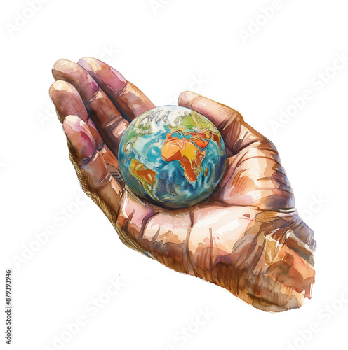 hand holding globe earth watercolor digital painting good quality