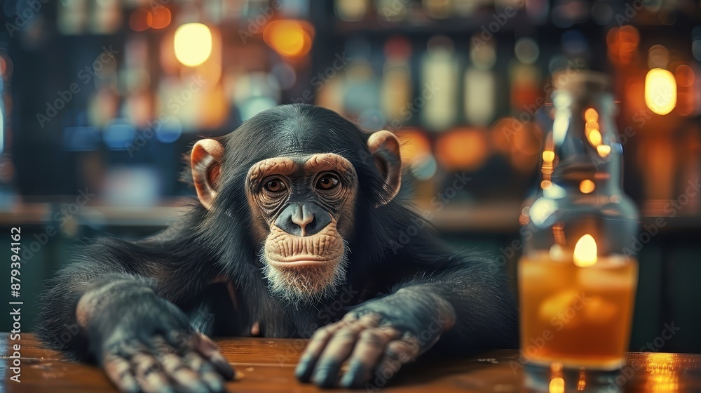 A chimpanzee holding a drink sits at the bar counter, evoking a whimsical, humorous atmosphere that blends daily human activities with animal behavior. A chimpanzee holding a drink sits at the bar counter, evoking a whimsical, humorous atmosphere that blends daily human activities with animal behavior.